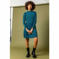 Dusk Blue Floral Tiered High Neck Dress