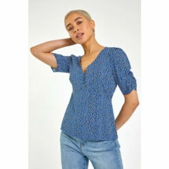 Dusk Blue Ditsy Spot Print Buttoned Blouse
