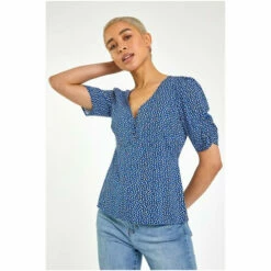 Dusk Blue Ditsy Spot Print Buttoned Blouse -Dusk Shop unnamed file 716