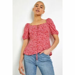 Dusk Red Ditsy Floral Tie Neck Peplum Top