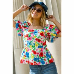 Dusk White Multi Floral Puff Sleeve Cotton Top