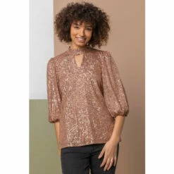 Dusk Red Sequin Keyhole Neck Top