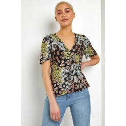 Dusk Black Floral Print Button Through Blouse