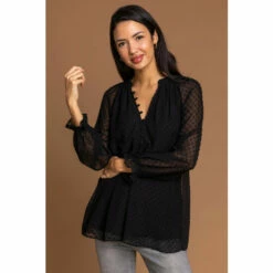 Dusk Black Shimmer Textured Spot Buttoned Blouse