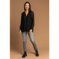 Dusk Black Shimmer Textured Spot Buttoned Blouse -Dusk Shop unnamed file 760
