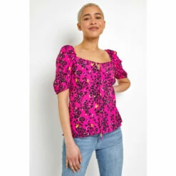 Dusk Pink Animal Print Tie Neck Peplum Top