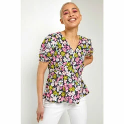 Dusk Pink Bold Floral Print Button Detail Blouse
