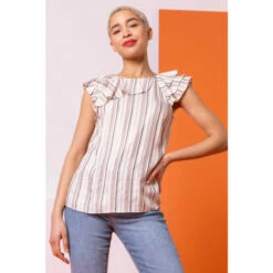 Dusk White Stripe Print Frill Detail Top