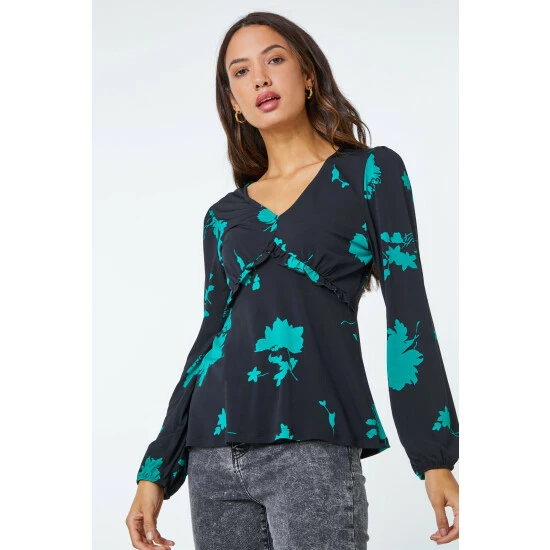 unnamed-file-797.jpg Dusk Black & Teal Green Floral Print Frill Detail Top -Dusk Shop unnamed file 797