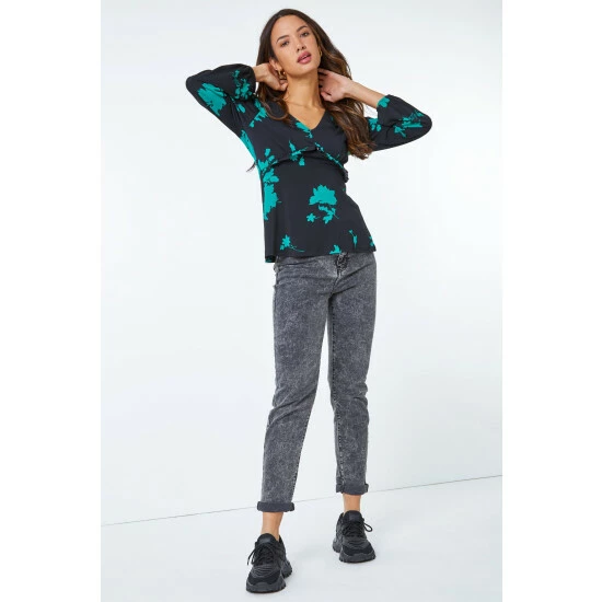 unnamed-file-798.jpg Dusk Black & Teal Green Floral Print Frill Detail Top -Dusk Shop unnamed file 798