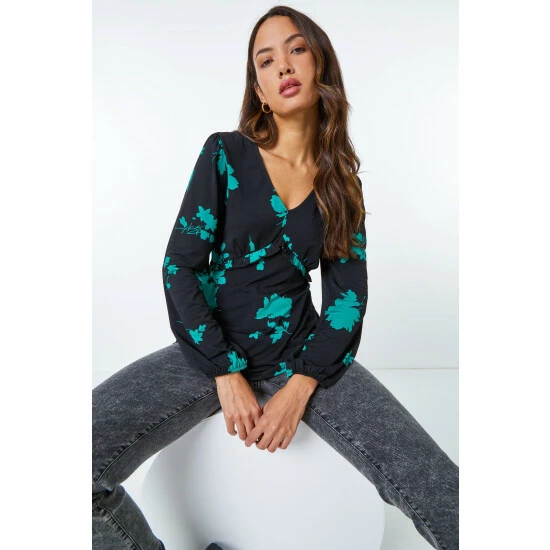 unnamed-file-800.jpg Dusk Black & Teal Green Floral Print Frill Detail Top -Dusk Shop unnamed file 800
