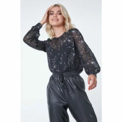 Dusk Black Star Print Gathered Neck Blouse