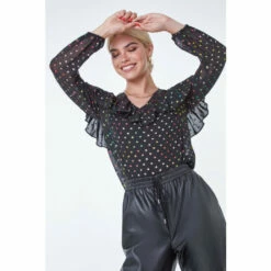 Dusk Black Metallic Foil Spot Ruffle Top