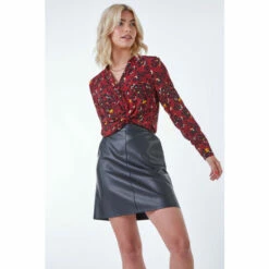 Dusk Red Animal Print Knot Front Long Sleeve Blouse