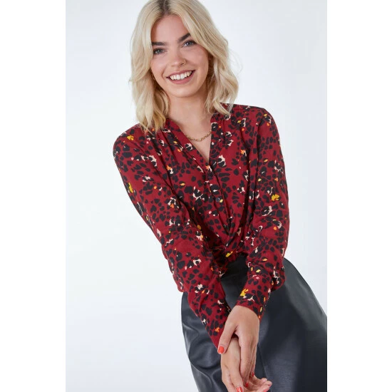 unnamed-file-859.jpg Dusk Red Animal Print Knot Front Long Sleeve Blouse -Dusk Shop unnamed file 859