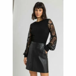Dusk Black Lace Sleeve Gathered Top