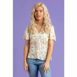Dusk Yellow Floral Print V-Neck Blouse