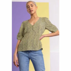 Dusk Yellow Ditsy Spot Button Detail Top