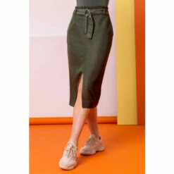 Dusk Green Belt Detail Split Front Skirt