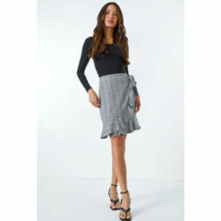 Dusk Grey Check Print Asymmetric Frill Detail Skirt